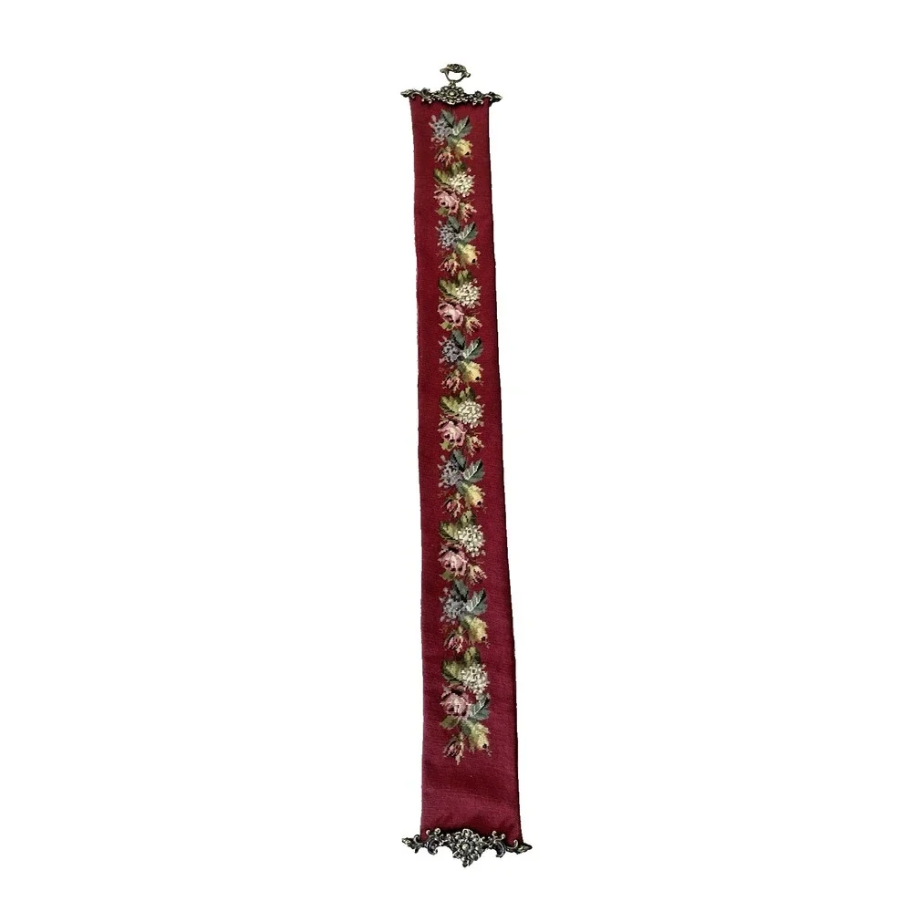 Vtg Burgundy Needlepoint Tapestry Ornate Brass Bell Pull Wall Hanging 63